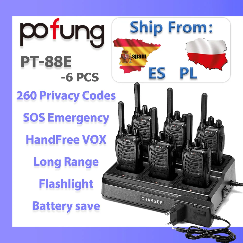 Walkie Talkie Pofung PT88E PMR446 Radio bidireccional 16 canales Walkie Talkies de largo alcance con cargador de 6 vías auriculares VOX