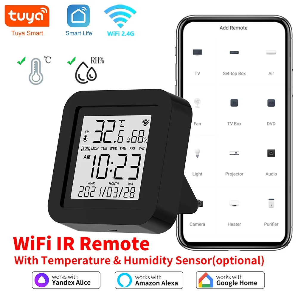 Remoto IR WiFi com Sensor de Temperatura e Umidade, Smart Home APP, SmartLife, Funciona com Alexa, Google Home, Yandex Alice