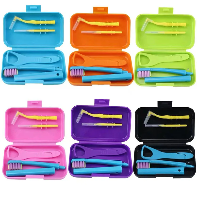 Kit per la cura della pulizia dentale Spazzola per l'igiene orale ortodontica Raschietto per lingua Spazzola interdentale Set da viaggio Custodia per l'igiene pulita portatile