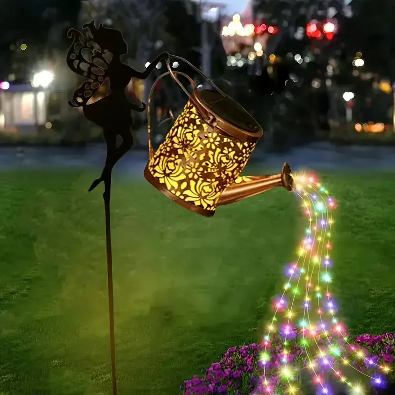 Luzes de fadas de rega movidas a energia solar vintage metal pendurado chaleira lanterna decoração do jardim ao ar livre para quintal pátio villa decoração