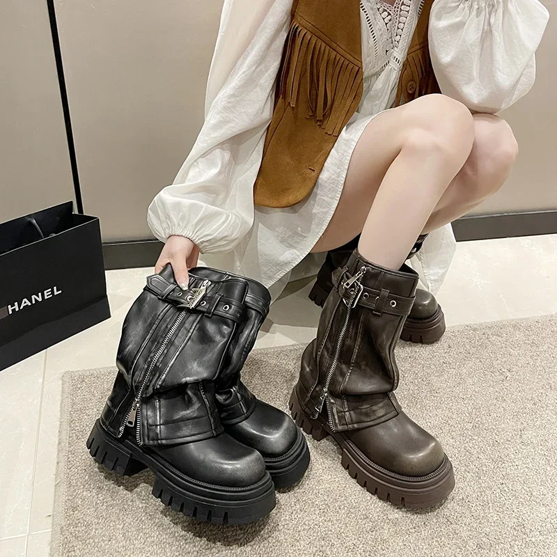 2023 nuevos Zapatos para mujer, botas con hebilla de cinturón para mujer, botas modernas con cremallera lateral a la moda, Zapatos de punta redonda de alta calidad a media pantorrilla