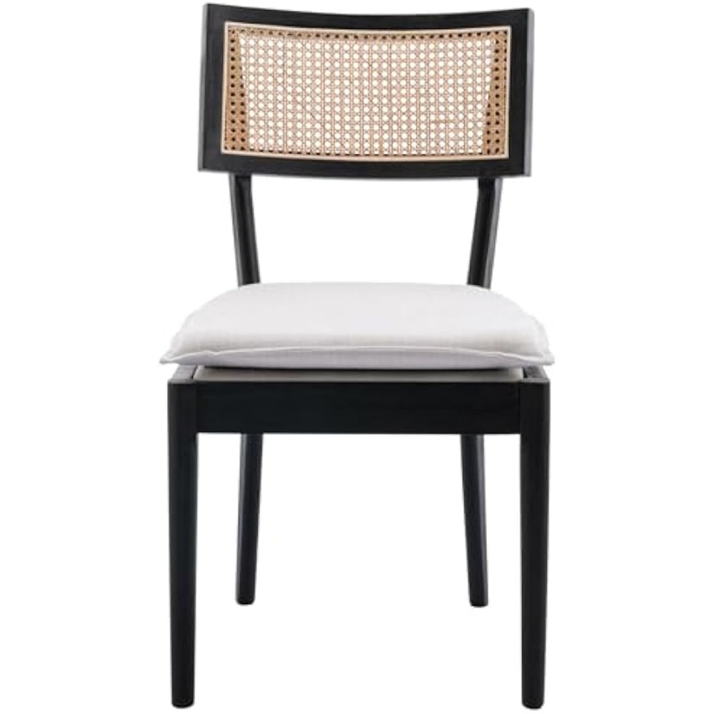 Black Rattan Dining Chairs Set of 4, Farmhouse Cane Back Kitchen Chairs with Removable Linen Upholstery Side Chairs