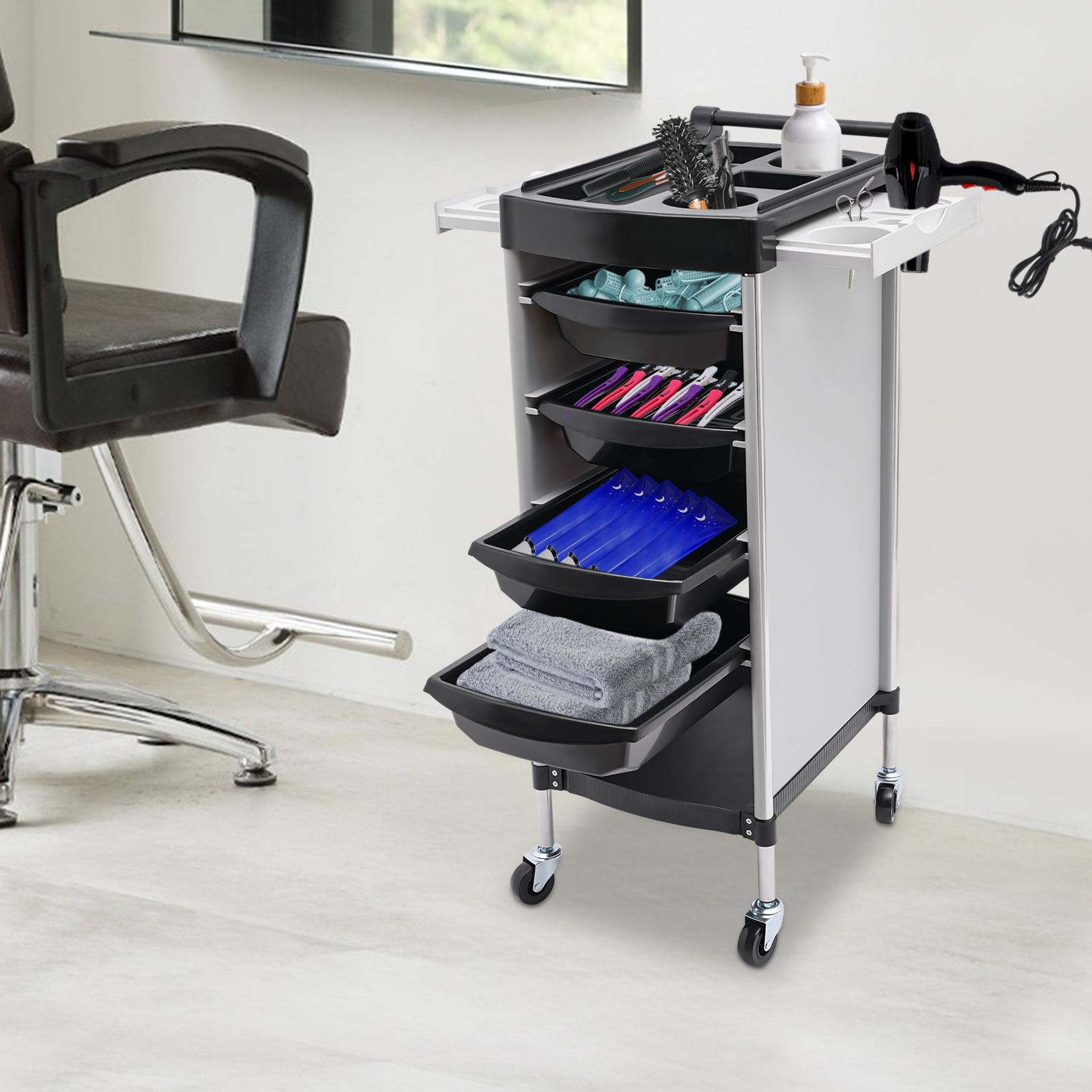 Salon Trolley, PP 6-Tier Drawer-Type Multi-Functional Salon Trolley, Hairdressing Shelf with Wheels  36 * 37 * 85cm