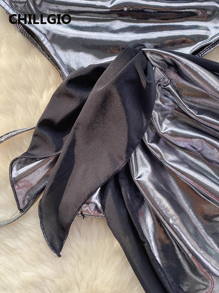 CHILLGIO ผู้หญิงเซ็กซี่ METALLIC Feeling Jumpsuits กระโปรงเสื้อผ้าชุด Hollowed BANDAGE Halter Rompers Combi-กางเกงแน่น Bodysuits