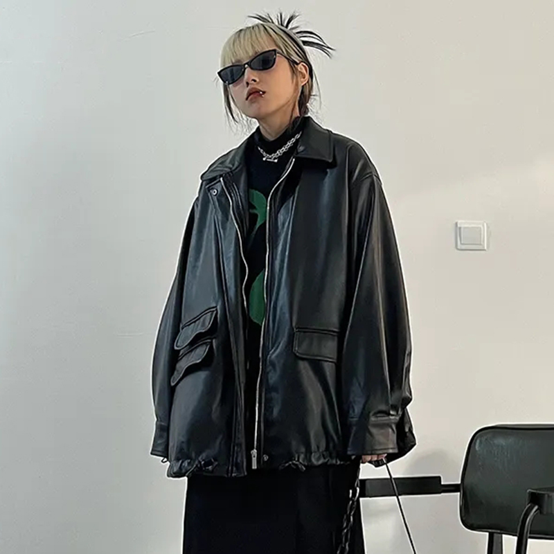 女性用合成皮革ゴシックコートブラック,ルーズポケット,カジュアルウェア,ソフト,アウターウェア,特大,ストリートウェア,女性用,y2k