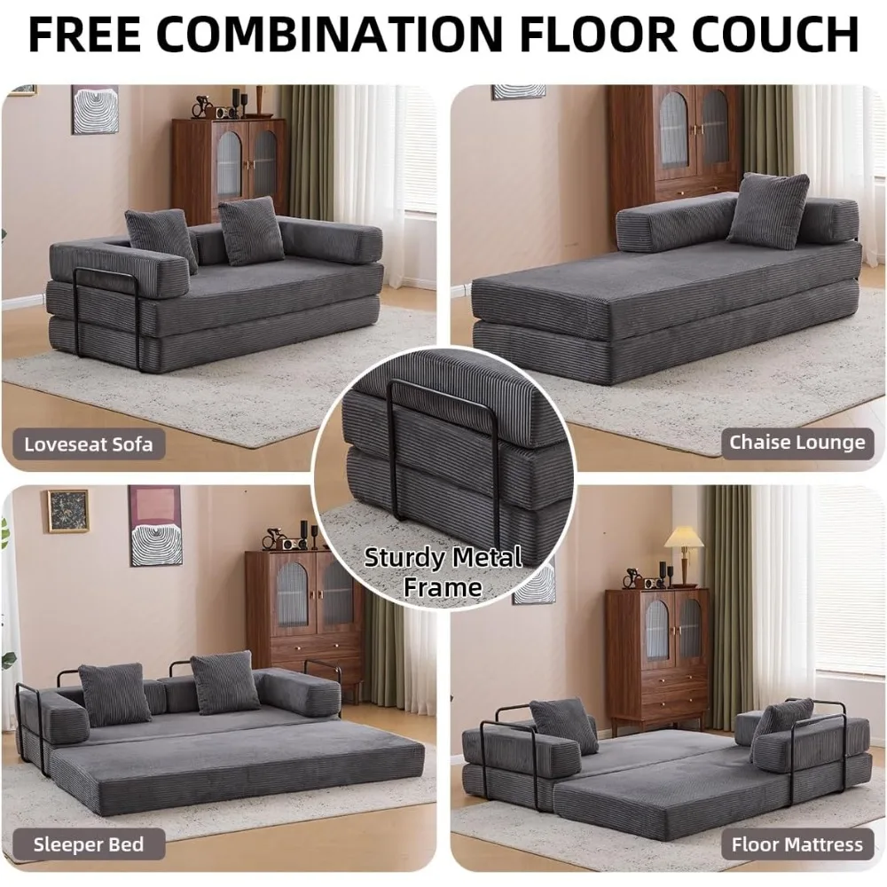 4-in-1 Convertible Folding Sleeper Sofa Bed, Fold Out Floor Sofa Couch with Fixed-Shape Frame, Cloud Corduroy Foldable Mattress