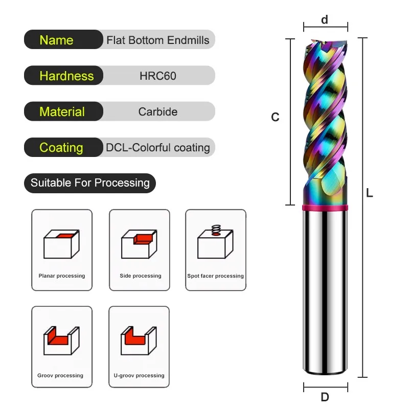GAMONT-fresas de extremo plano de aluminio y carburo de tungsteno de acero, cortador de fresado mecanizado CNC, revestimiento DLC, círculo de Color de 3 flautas, TGP-HRC60