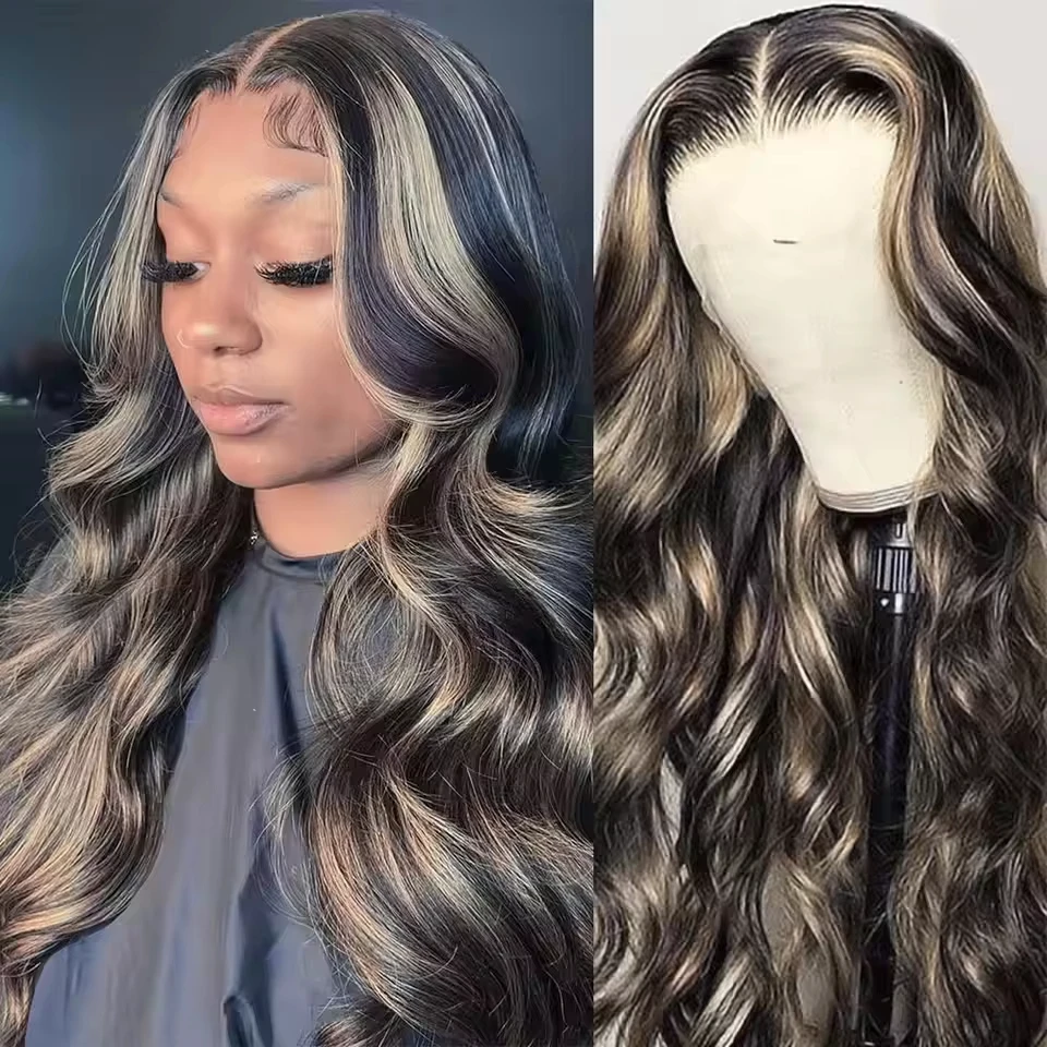 1b/27 loira e loira destaque onda do corpo 13x4 perucas frontais do laço cabelo humano 200 densidade brasileiro ombre colorido peruca dianteira do laço