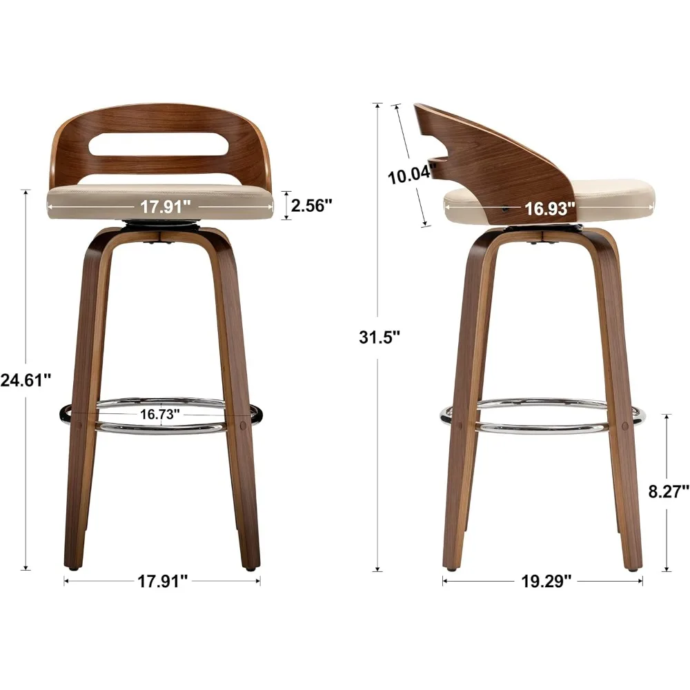 Bar Stools Set of 2,Upholstered Faux Leather, Soft Cushion Seat, Mid Century Bar Stools, Swivel Bar Height Stools