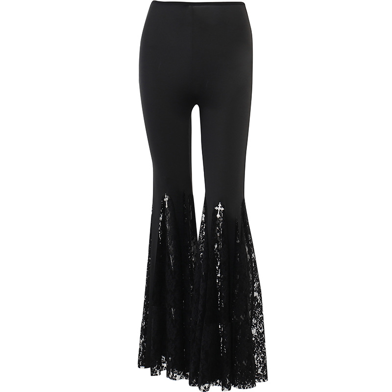 Goth Mall Flare Hose Sexy Schwarz Spitze Patchwork Hohe Taille Vintage Harajuku Hippie Punk Grunge Streetwear Y2k Hose