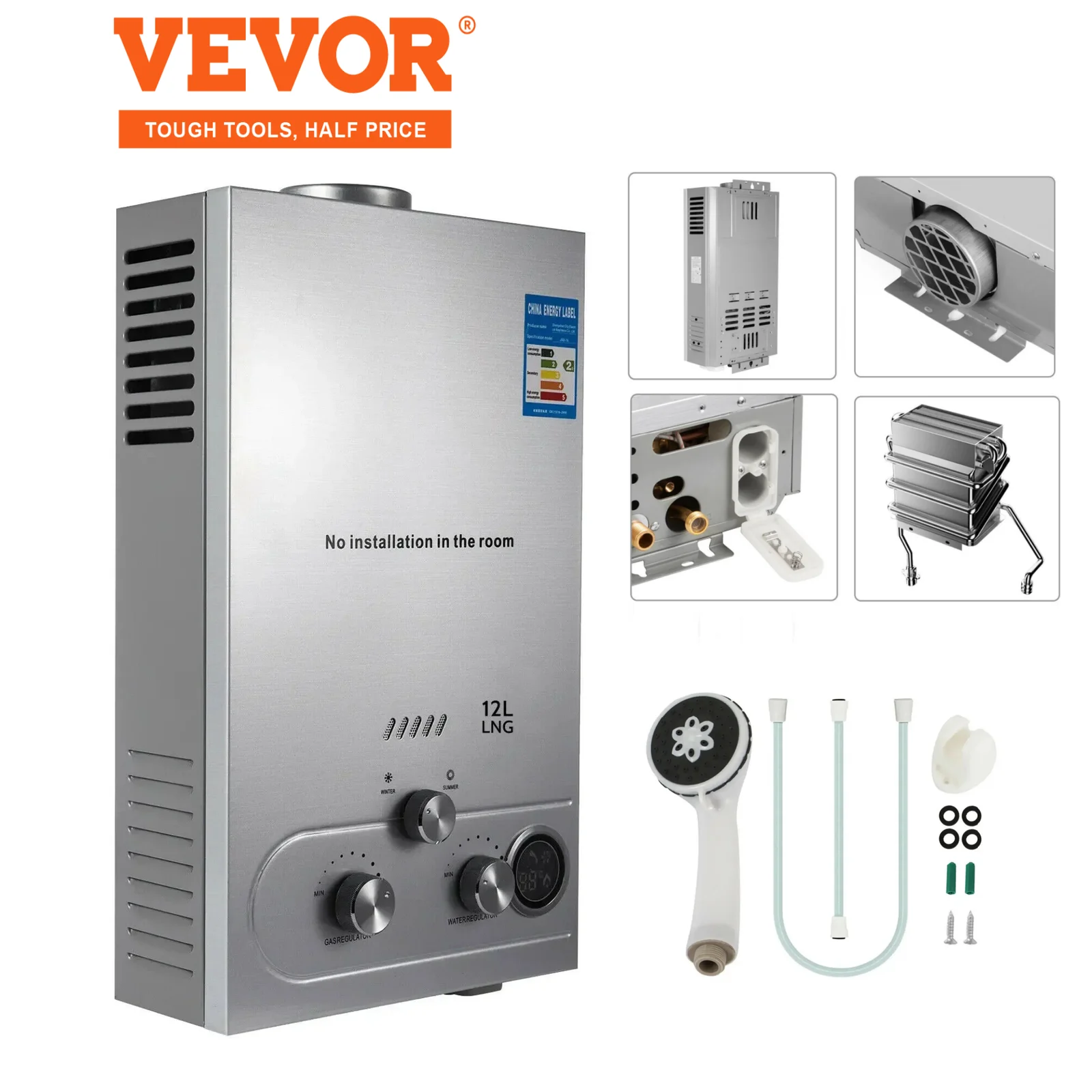 VEVOR 6L 8L 10L 12L 16L 18L LPG Portable Instand Water Heater Propane Gas LPG Wall-Mounted Tankless Water Heater Digital Display