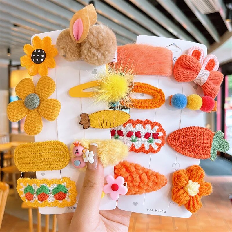 9 ピース/セット漫画バニーフラワーベビーヘアクリップかわいいぬいぐるみウサギのヘアピン幼児女の子バレッタ帽子子供ヘアアクセサリー