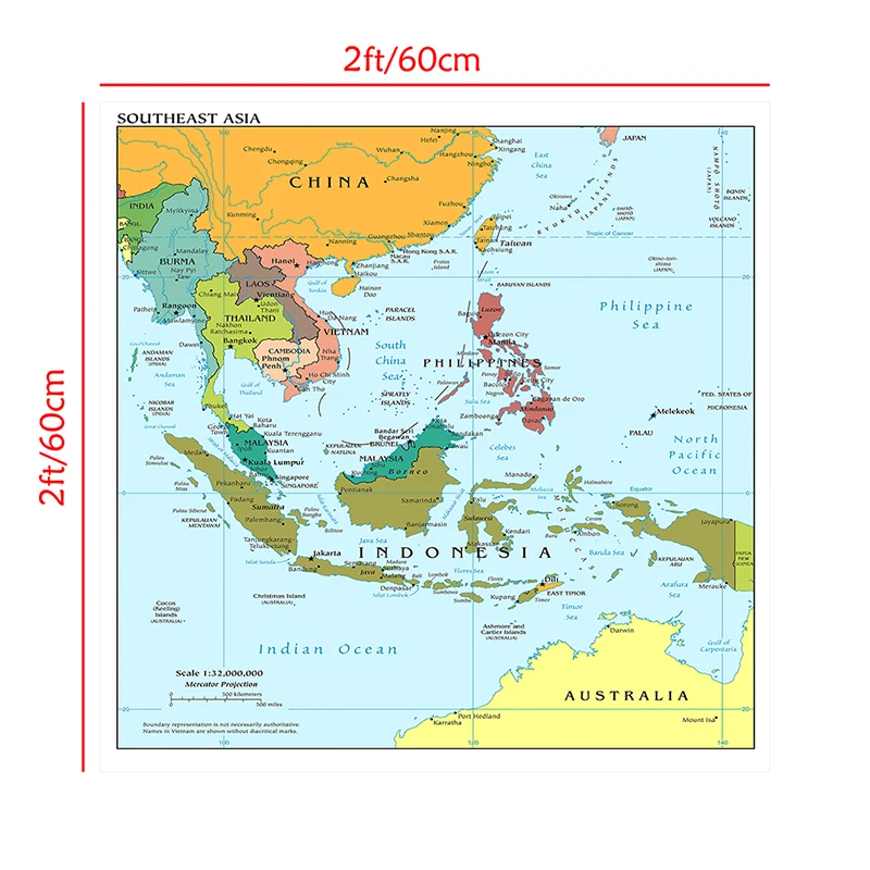 60*60Cm Đông Nam Á Bản Đồ Trong Tiếng Anh Treo Tường Trang Trí Poster Không Dệt Vải Tranh Unframed In nhà Trang Trí Phòng Khách