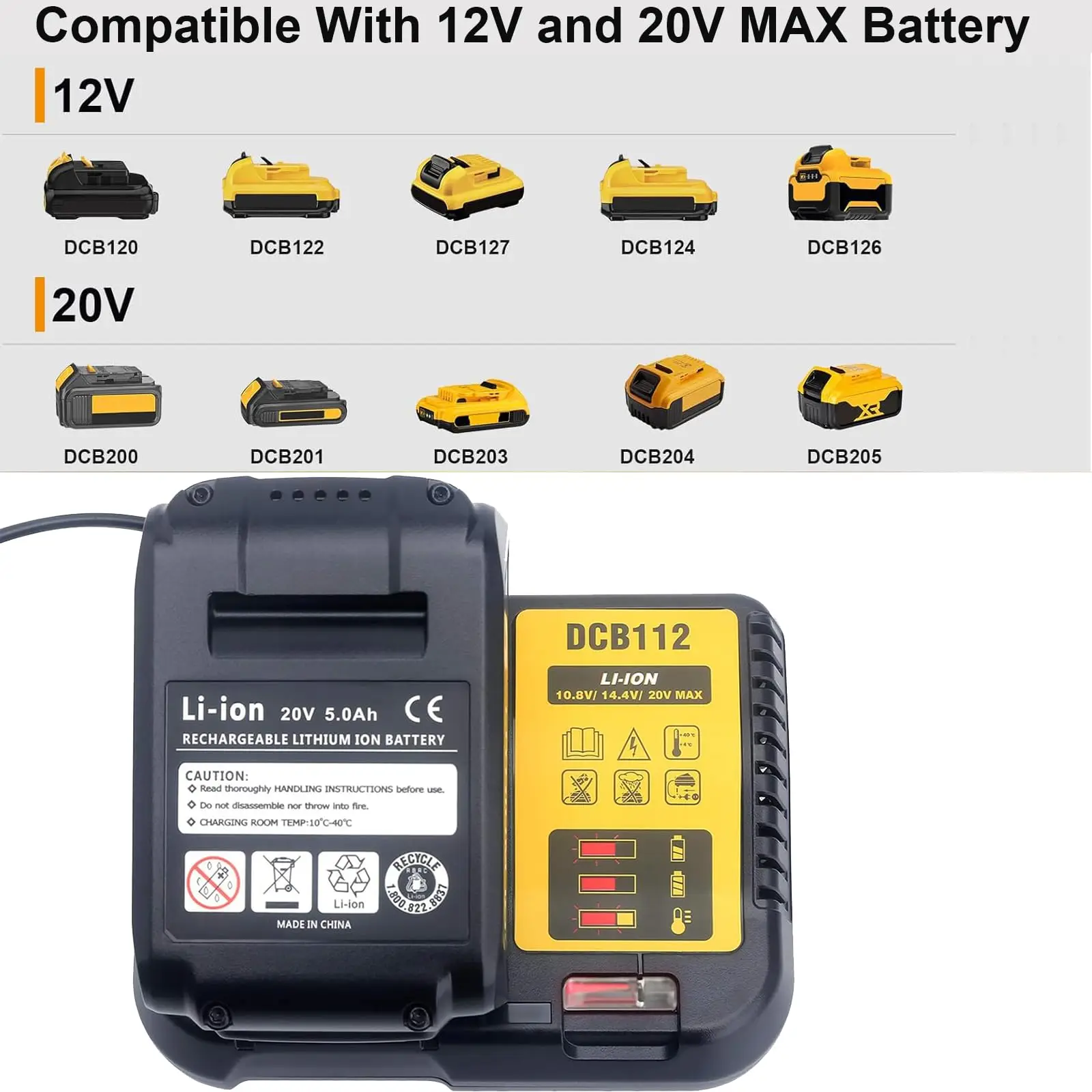 DCB112 para cargador de batería Dewalt de repuesto para batería de iones de litio Dewalt 12V 20V y 60V Max DCB205 DCB112 DCB201 y más