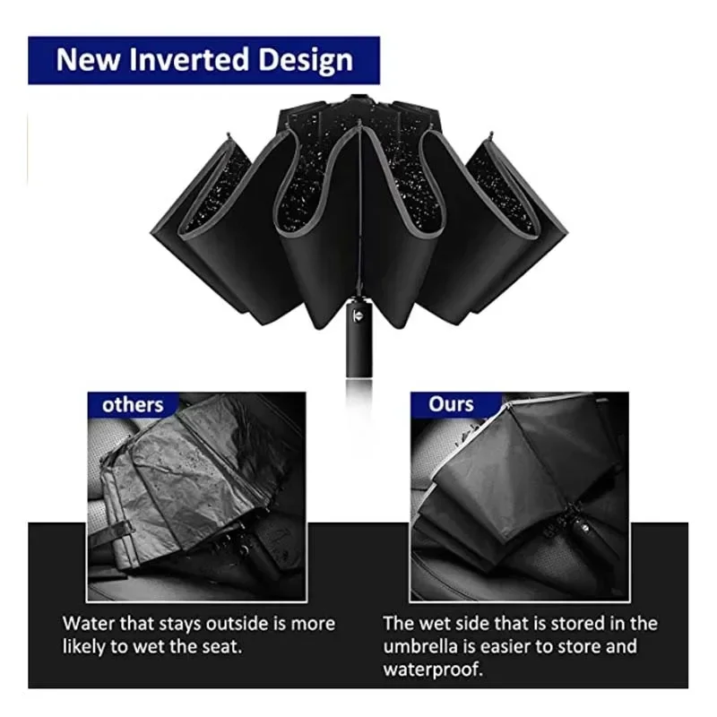 Guarda-chuva dobrável reverso totalmente automático para homens e mulheres com guarda-chuvas UV com listra reflexiva à prova de vento