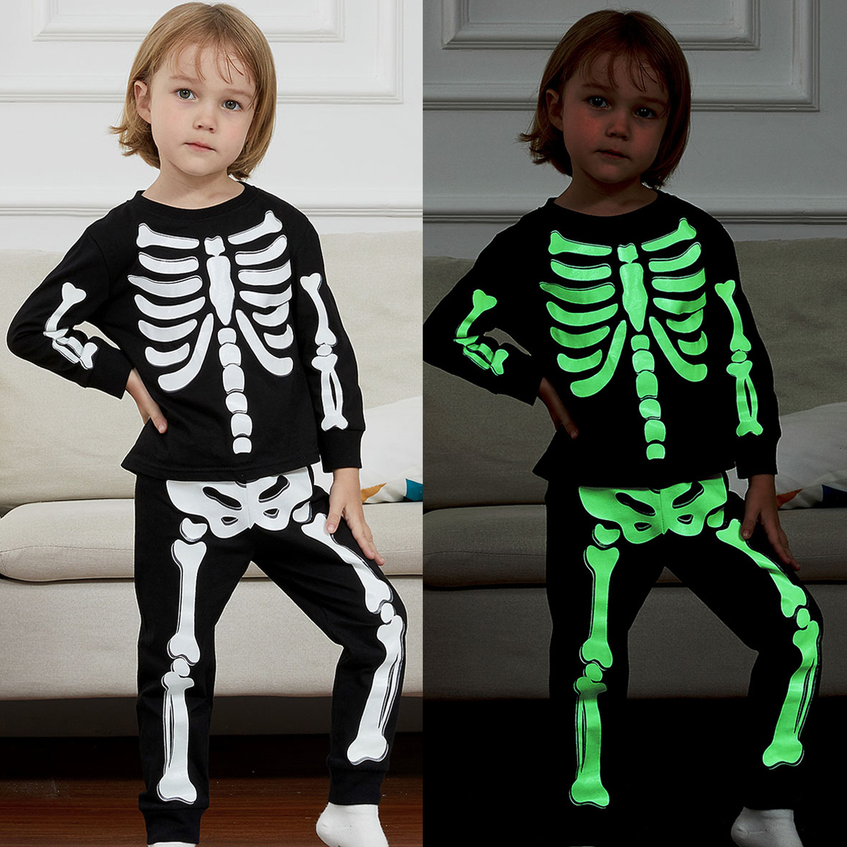 Pijamas de esqueleto para niños, pijamas de Halloween para niños pequeños, niñas, unicornio que brilla en la oscuridad, ropa de dormir infantil, conjunto de ropa de Carnaval, 2 uds.