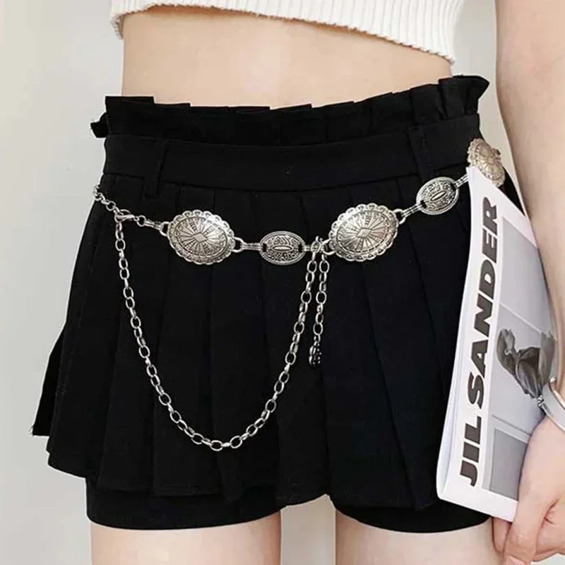 1 peça conjunto de acessórios de corrente de cintura para feminino retro boêmio estilo étnico high-end cinto de corrente de metal prateado com cinto de saia
