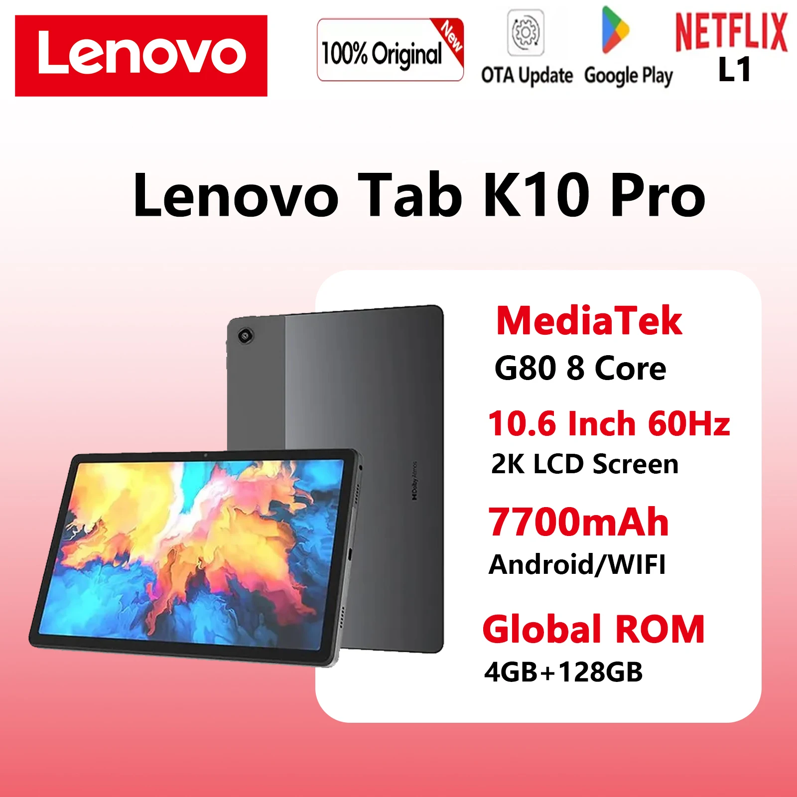 Глобальная прошивка Lenovo Tablet Qitian Pad K10 Pro 10,6 дюймов Mediatek G80 60 Гц 2000*1200 Разрешение 7700 мАч Распознавание лиц