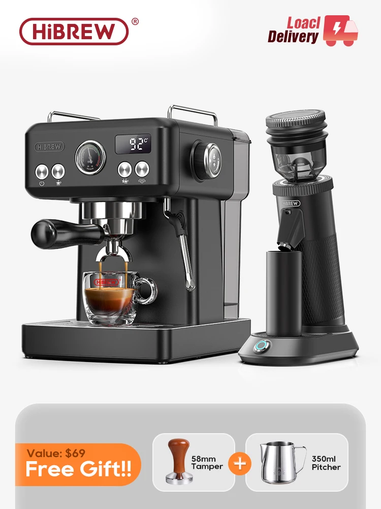 HiBREW-máquina de café expreso negra H10A, volumen de temperatura, preencogimiento, portafiltro ajustable de 58mm, cafetera capuchino