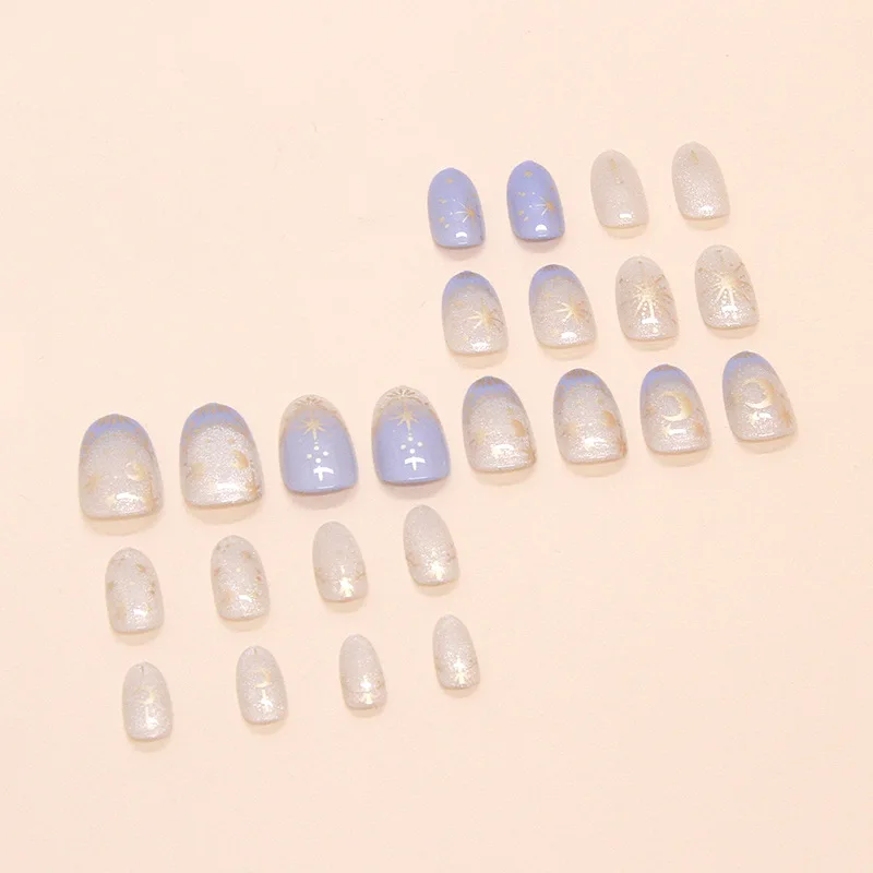 24 Uds. De uñas románticas Y2k con forma de estrella, gradiente azul, estilo francés, diseños de Luna dorada, uñas postizas de almendra dulce para mujer