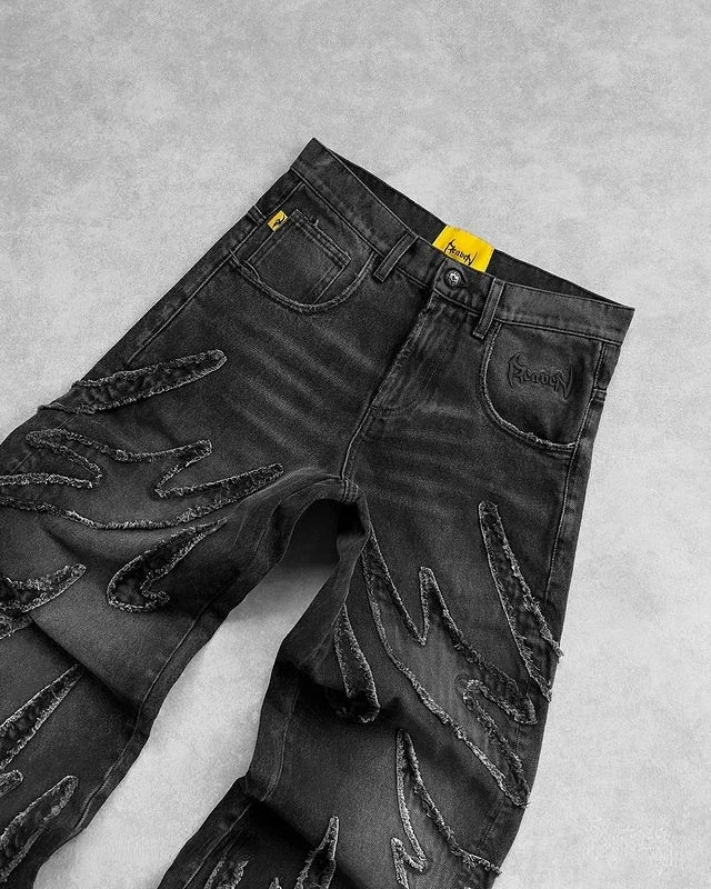 ストリートレトロヒップホップ炎刺繍ルーズハイウエストジーンズ女性 Y2K 新しい原宿ゴシックワイドレッグパンツワイドレッグパンツ