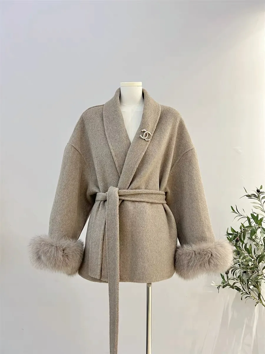 High End สองด้านสายรัดขนสัตว์จริงขนสัตว์ผู้หญิงที่ถอดออกได้ Cuffs Fox ขนสัตว์อารมณ์แคชเมียร์สั้นเสื้อ