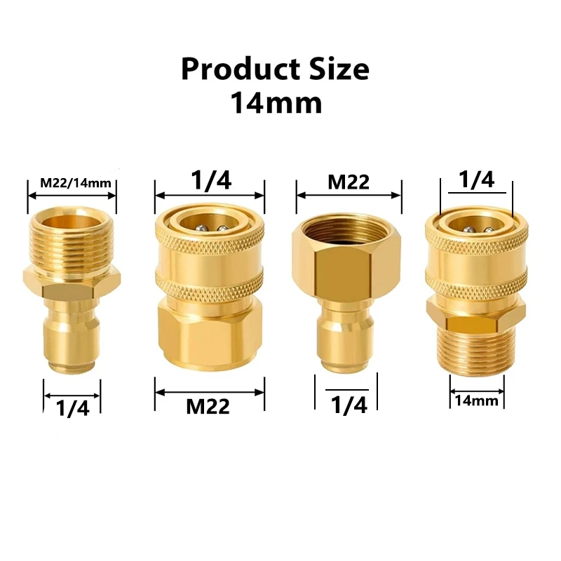 ทองเหลือง M22-14mm/15 มม.ถึง 1/4 นิ้วเครื่องซักผ้าความดันอะแดปเตอร์ชุด Quick Connection & Disconnect สําหรับเครื่องซักผ้าท่อปั๊ม 5000 PSI