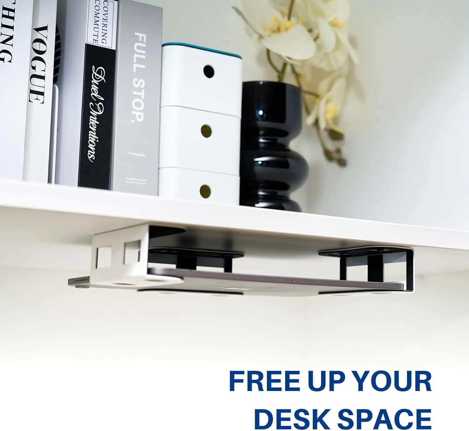 Under Desk Laptop Mount, Metal Under Desk Shelf Holder for Laptop, Mac Mini, Macbook, Keyboard with Anti-Scratch Silicone