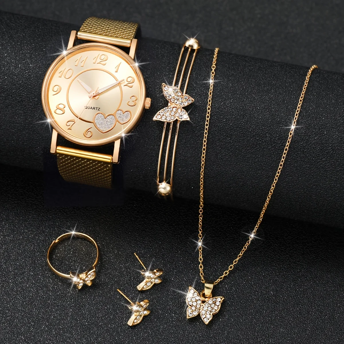 6 ชิ้น/เซ็ตแฟชั่นผู้หญิงนาฬิกาพลาสติก Band Analog Golden ควอตซ์นาฬิกาผีเสื้อชุดเครื่องประดับ (ไม่มีกล่อง)
