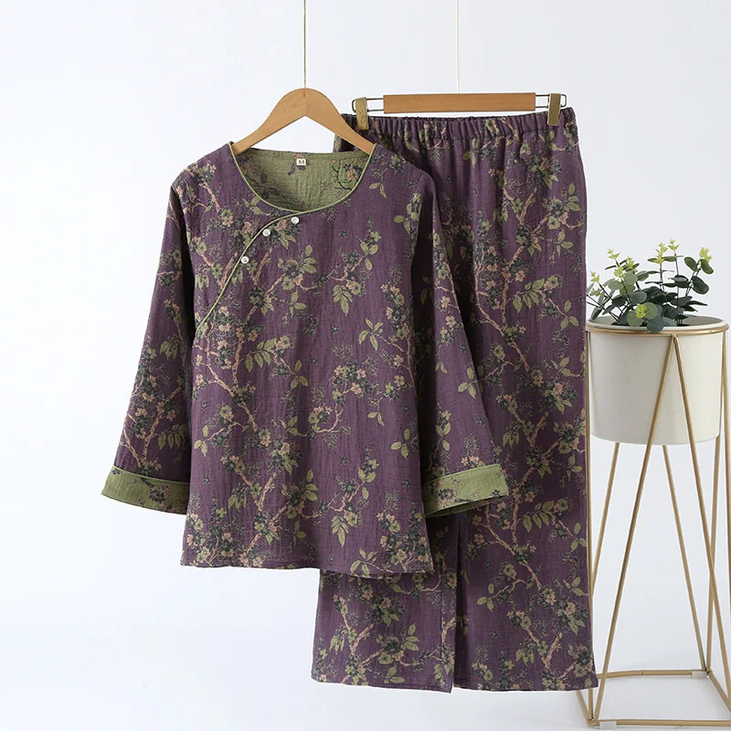 Pijama feminino estilo chinês, algodão puro, cor retrô, jacquard tecido, roupas para casa, calças de mangas compridas, gola diagonal