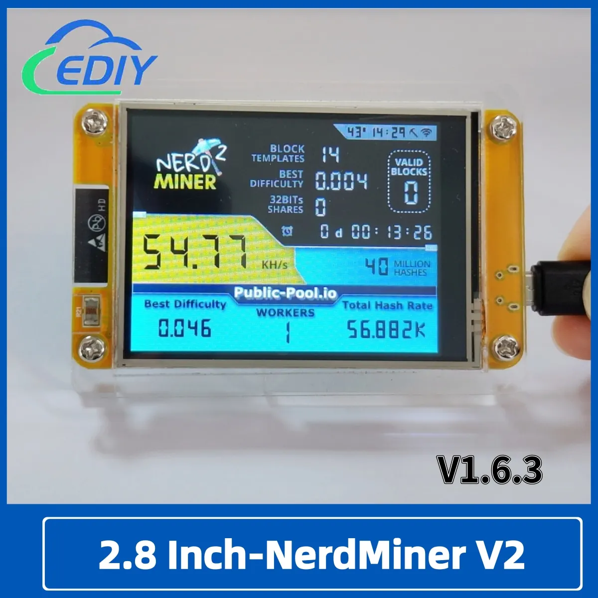 2.8 Polegada ESP32-2432S028R NerdMiner V2 Hashrate, Display Inteligente, Crypto Solo, Loteria, Nerd Miner, Bitcoin Miner, 49 k/S