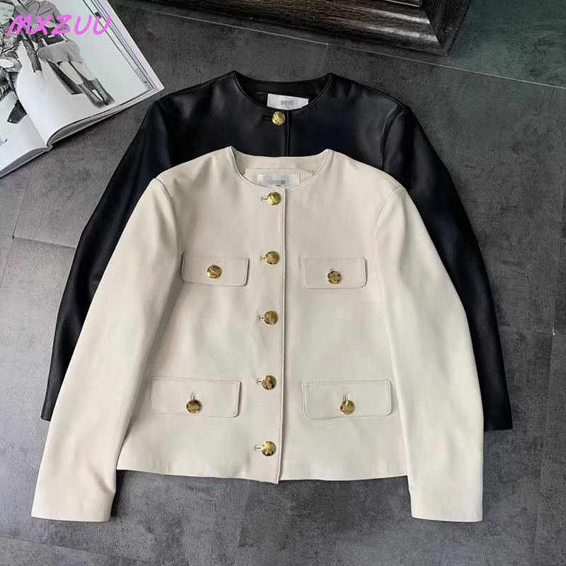 Automn roupas-女性用の白い本革のジャケット,丸いシープスキンのレトロなゴールドバックルネックライン