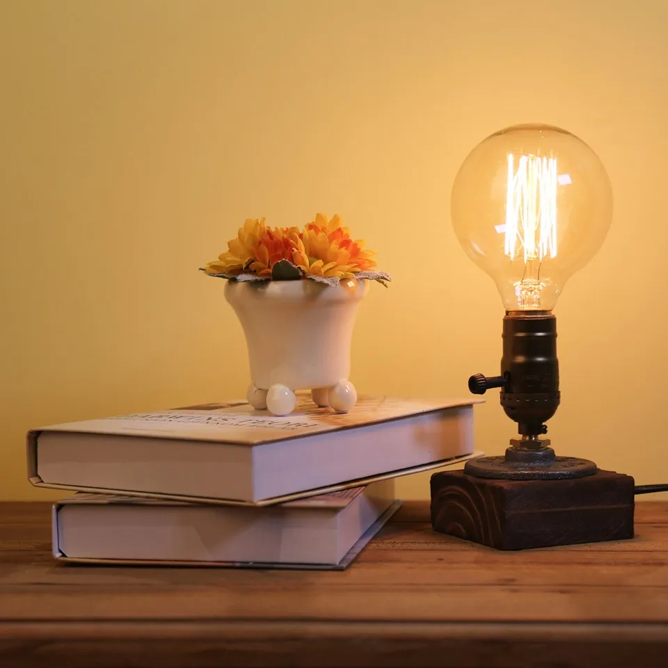 Luces de mesa LED industriales con interruptor, lámpara de escritorio de madera, decoración Retro para el hogar, regalo de arte creativo, luz nocturna