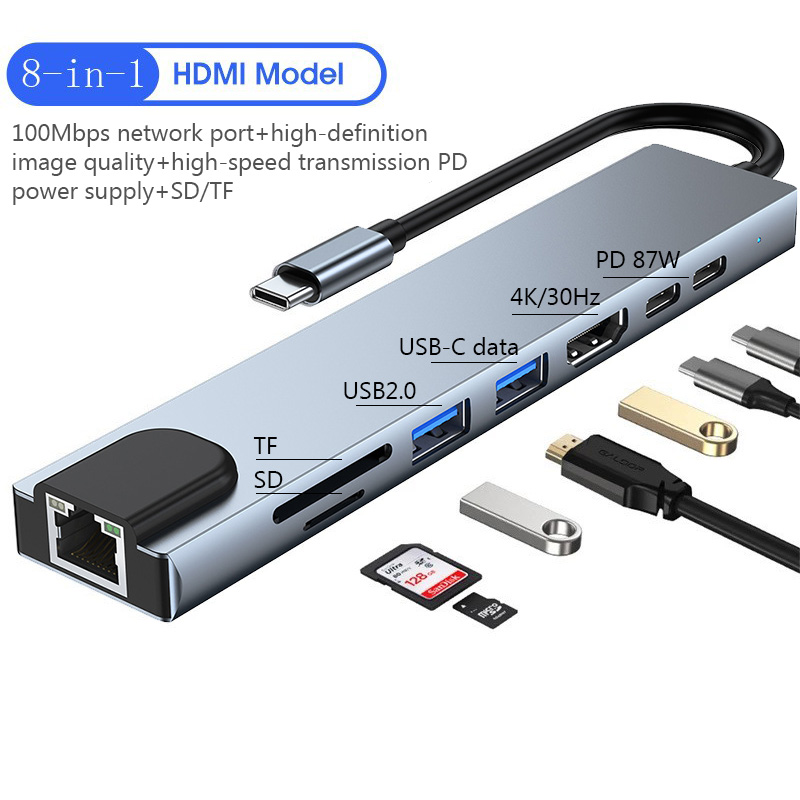 Usb 8 em 1 tipo c 3 1 a 4k hdtv hub adaptador com leitor de cartão sd tf rj45 pd carga rápida para macbook notebook computador