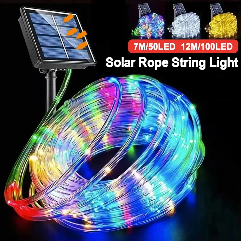 Guirnaldas de luces alimentadas por energía Solar para jardín, lámpara de cuerda de tubo impermeable, guirnalda de Navidad, luces de hadas para decoración navideña al aire libre