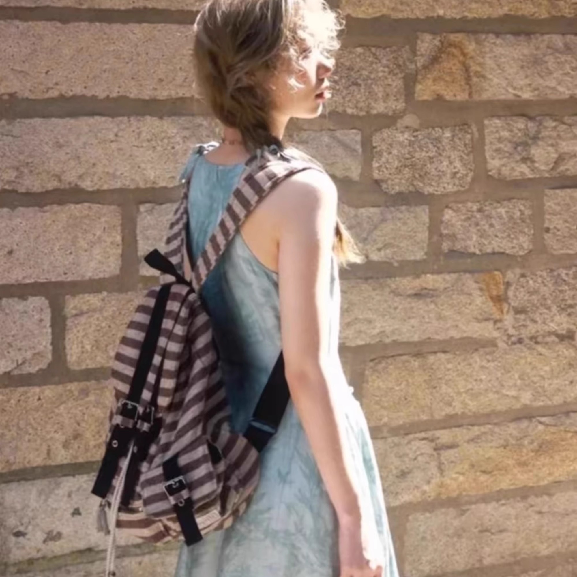 Korean Sle Striped Canvas Backpack Women's 2024 Newjeans Functional Bookbag Commuter Versatile Double Shoulder Bag