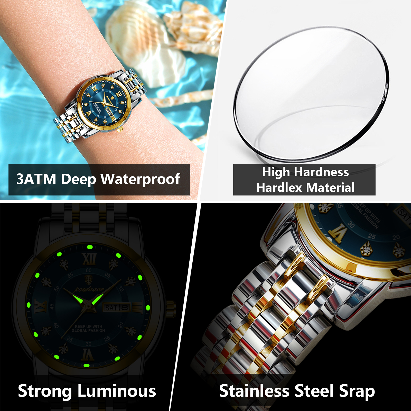 Reloj de pulsera POEDAGAR para mujer, reloj de cuarzo de lujo para mujer, resistente al agua, de acero inoxidable, luminoso, con fecha y semana, reloj de vestir para mujer