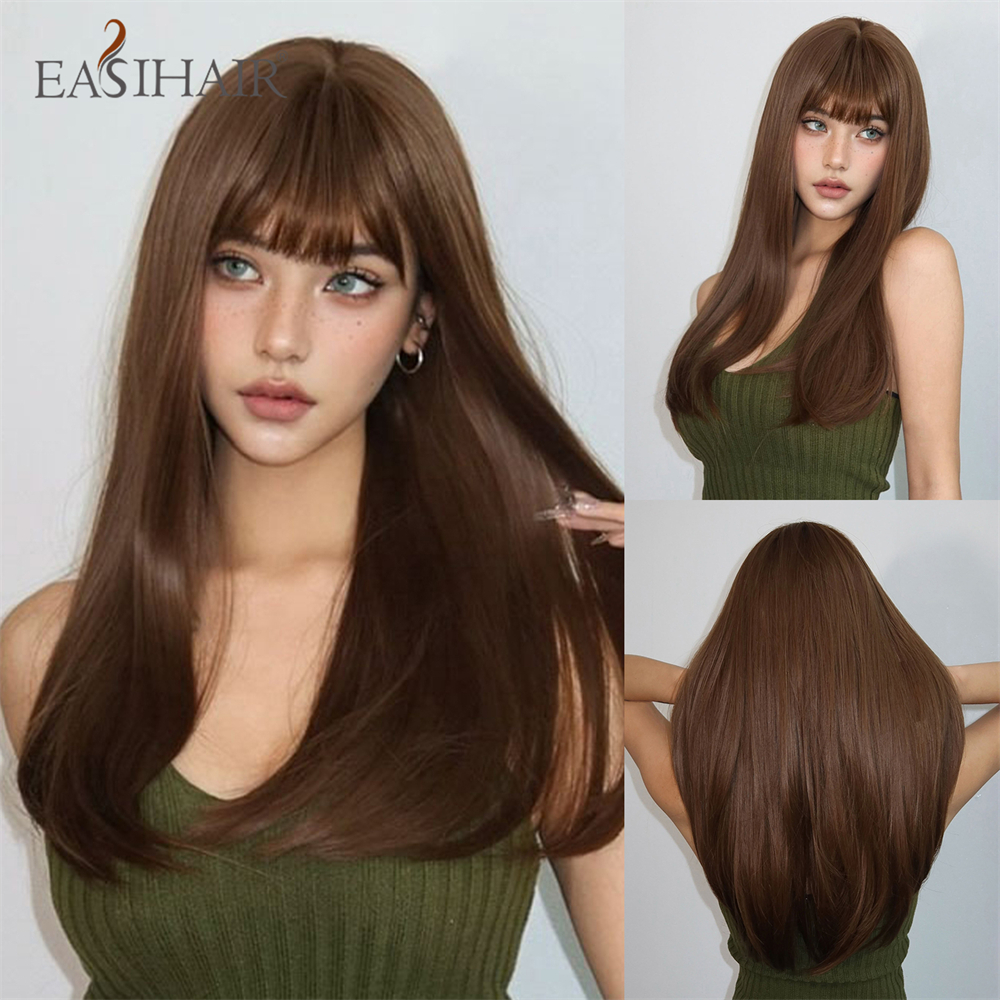 EASIHAIR Lange gerade kastanienbraune synthetische Perücken mit Pony, natürliche geschichtete braune Damenperücke für tägliches Cosplay, hitzebeständig