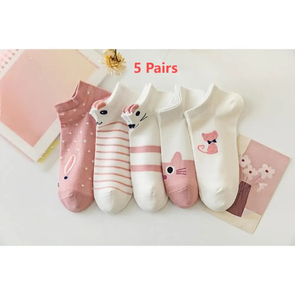 5 pares de calcetines rosas para mujer, calcetines de estilo lindo, calcetines populares de algodón para primavera y verano, lindos calcetines de conejo