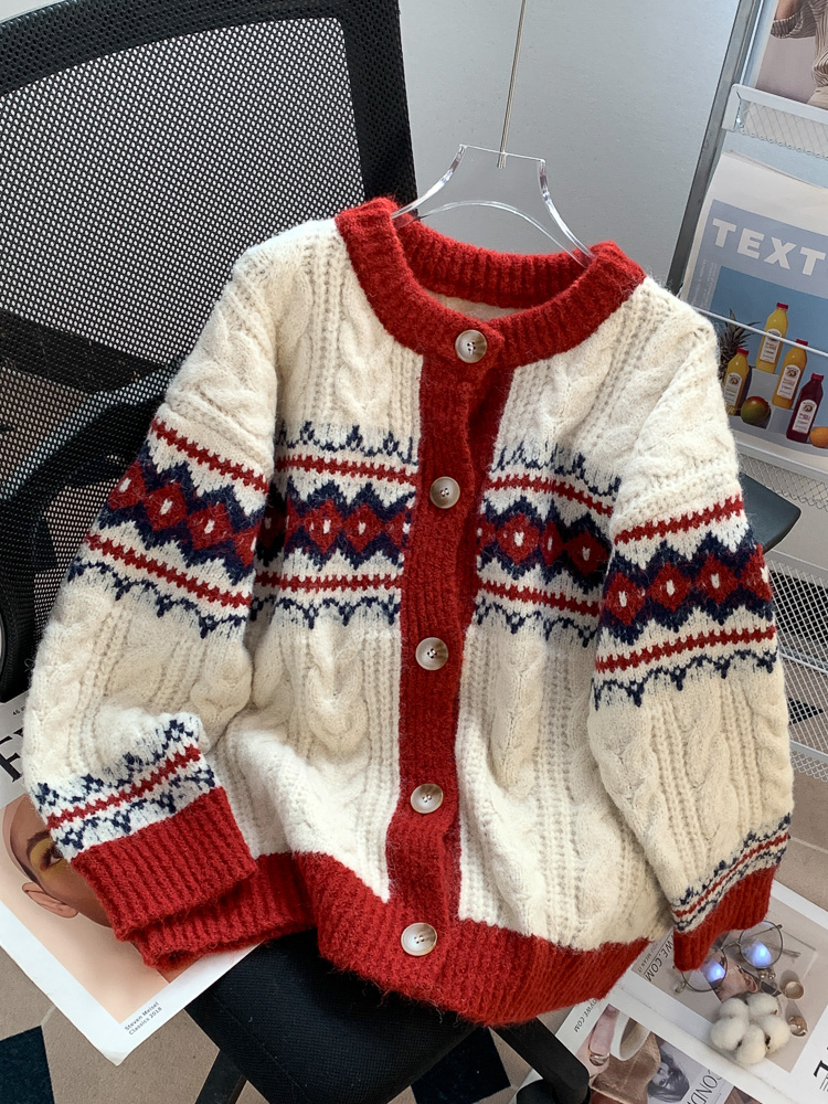 Retro Red Christmas Atmosphere Sweater Coat Women's Autumn Winter Loose Lazy Knitted Open Cardigan Thick Warm Long Sleeve