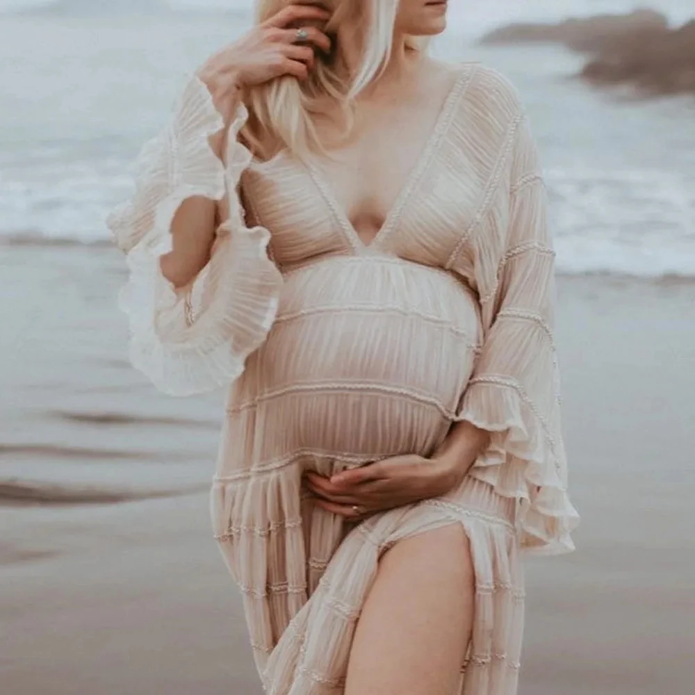 จีบชีฟอง Boho สไตล์คลอดบุตรถ่ายภาพชุดอาบน้ําเด็ก Maxi ชุดหญิงตั้งครรภ์ Photo Props ชุด