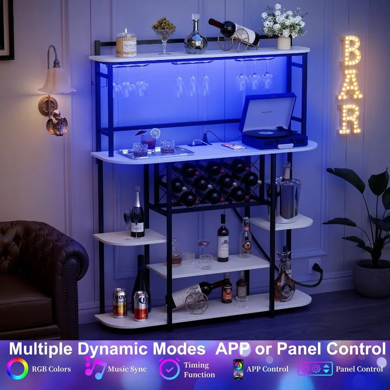 Bar Table Cabinet with Power Outlets, LED Lights, 47in Home Bar Cabinet with Wine Racks, Glass Holder 5-Tier Metal