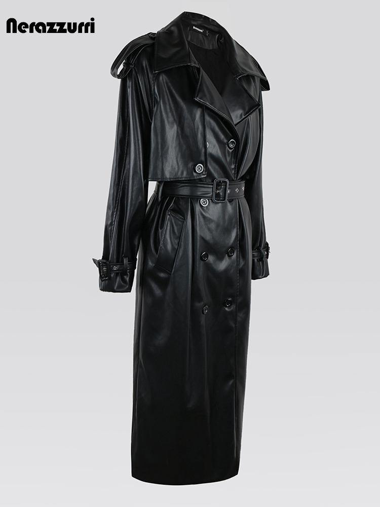 Nerazzurri Frühling Herbst lange coole schwarze Pu Leder Trenchcoat für Frauen Gürtel Zweireiher lose Luxus europäische Mode