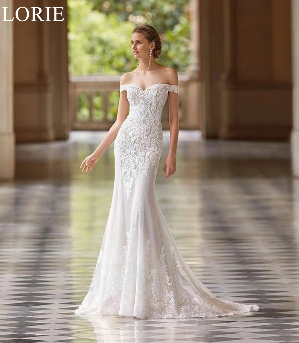 Lorie Boho aus der Schulter Brautkleid Spitze Applikationen Meerjungfrau abnehmbare Zug Plissee Braut Ballkleid 2024 Luxus Brautkleider