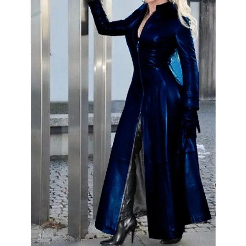 Damen Slim-Fit Zipper Split Großer Mantel Herbst Winter Kunstleder Trenchcoat Damen Langarm Stehkragen PU Trenchcoat