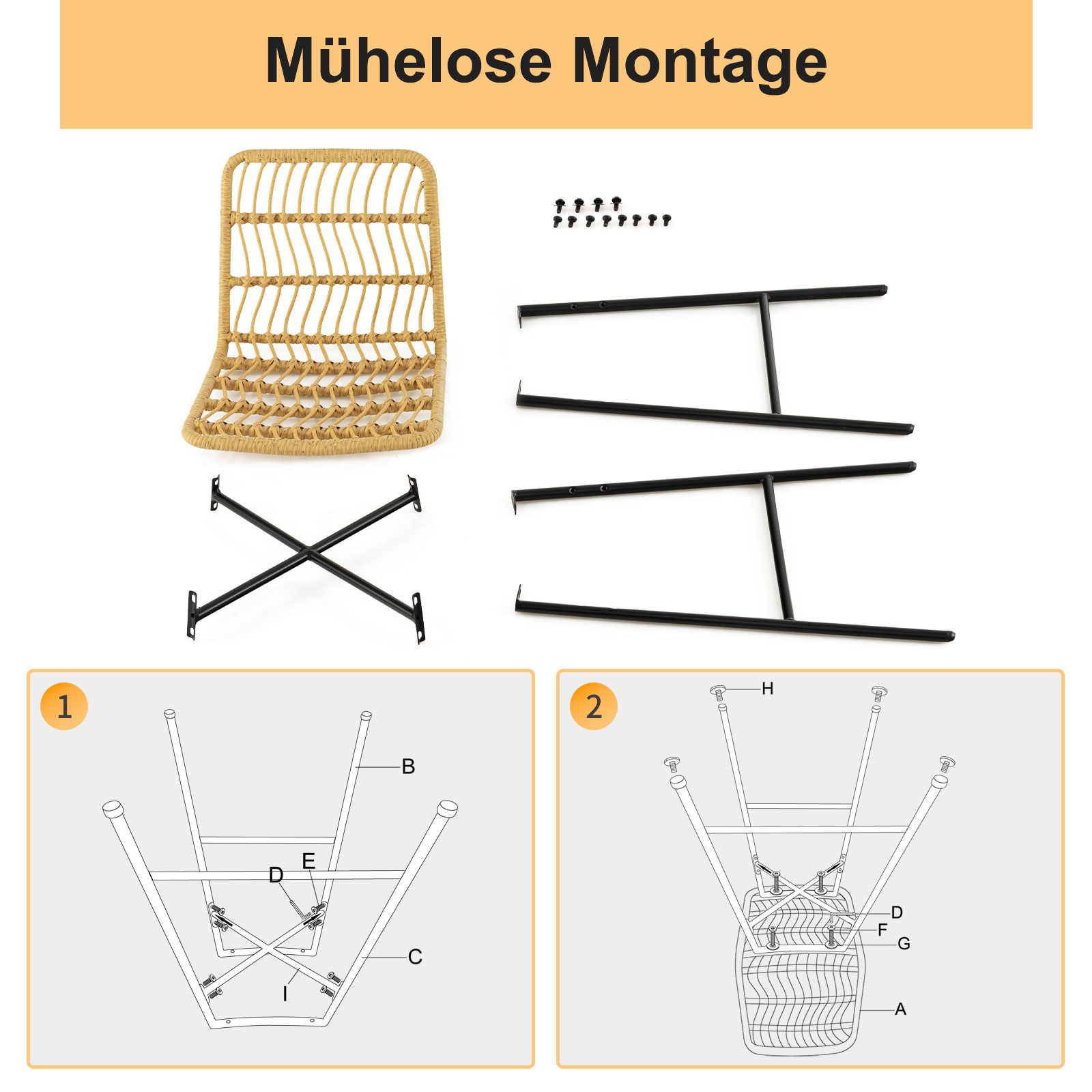 2er Set Barhocker, Barstühle Rattan, Sitzhöhe 69 cm, mit Rückenlehne und Fußstütze, Metallrahmen, Tresenhocker für Esszimmer