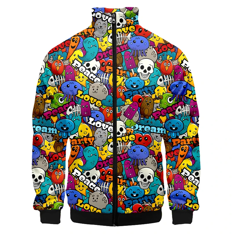 Bunte Monster Graffiti Kunst Männer plus Größe 3d Jacke Sportswear Frühling Stehkragen Reiß verschluss Pullover Baseball jacke Herren