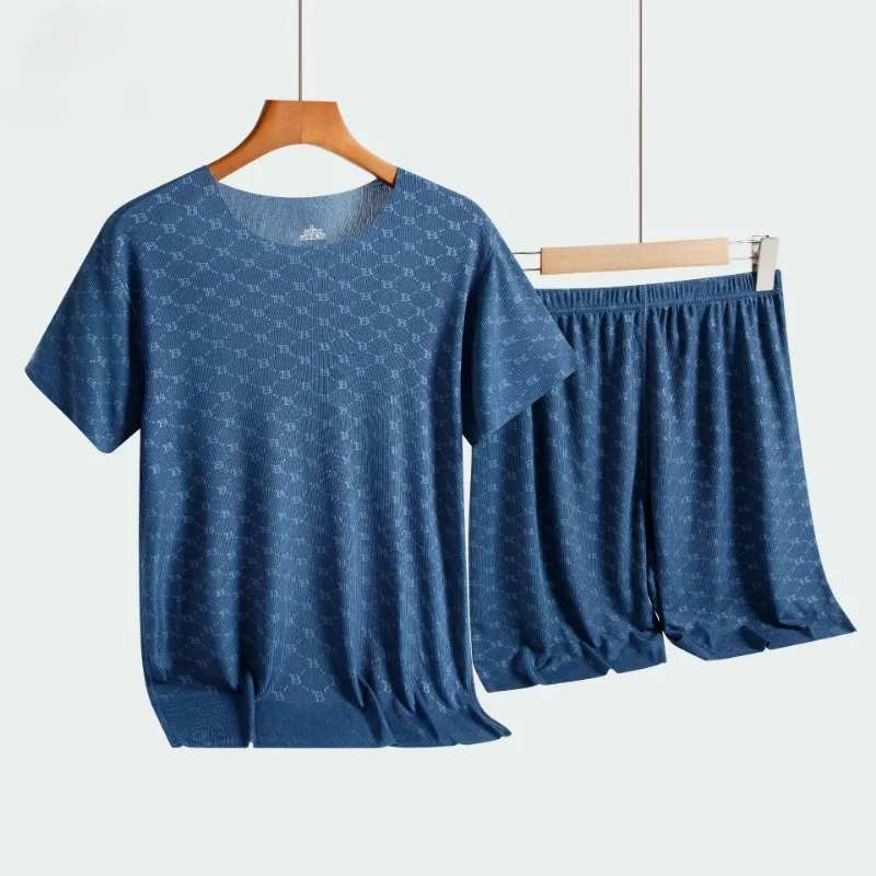 Summer Men Loungewear Printed Ice Silk T-Shirt Short Sleeve Casual Pajamas Crew Neck Short Sleeve Shorts 2 Piece Set Sleepwear
