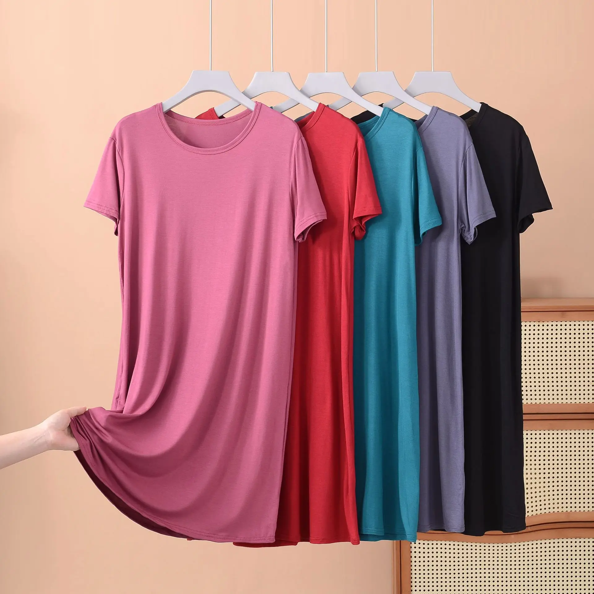 Plus Größe XL bis 8XL Modales Kleid mit kurzen Ärmeln, coole Sommerkleider für Damen, einfarbig, mittellanges Homewear-Schlafkleid mit Boden