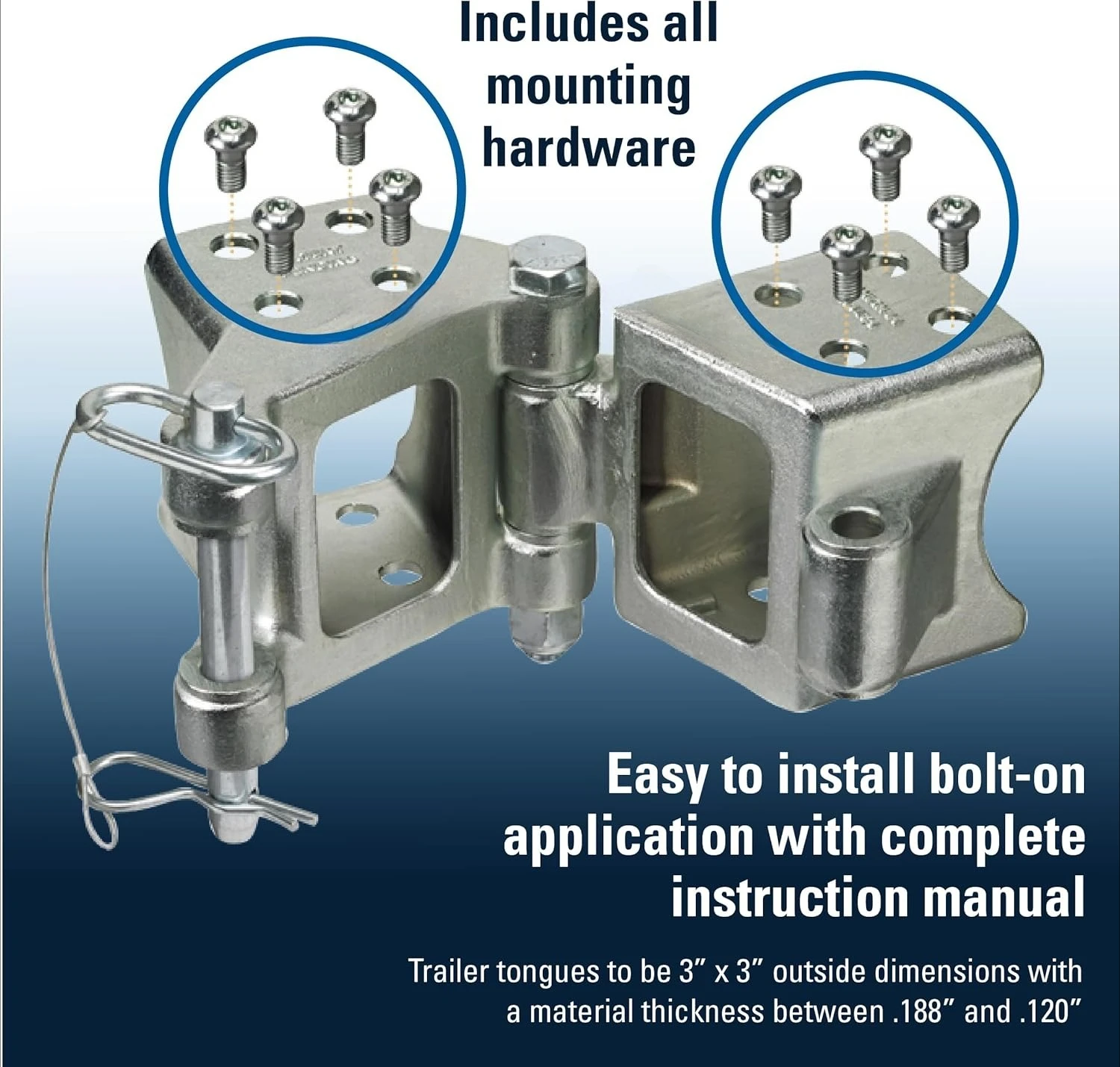 HDPB330101 Fold-Away Hinge Kit, Bolt On, 5,000 lbs. Capacity, 3 Inch x 3 Inch, Silver, Includes all mounting